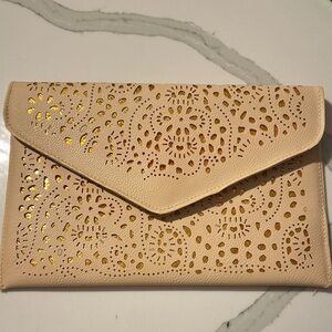 Beige Laser Cut Clutch with Gold Accents